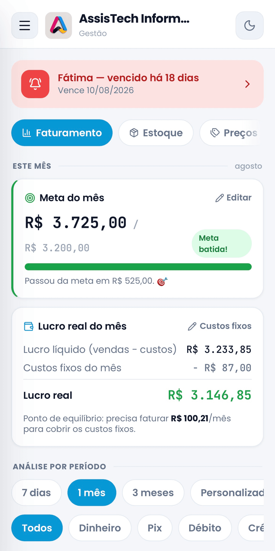AssisTech Sistemas no celular — faturamento e meta do mês